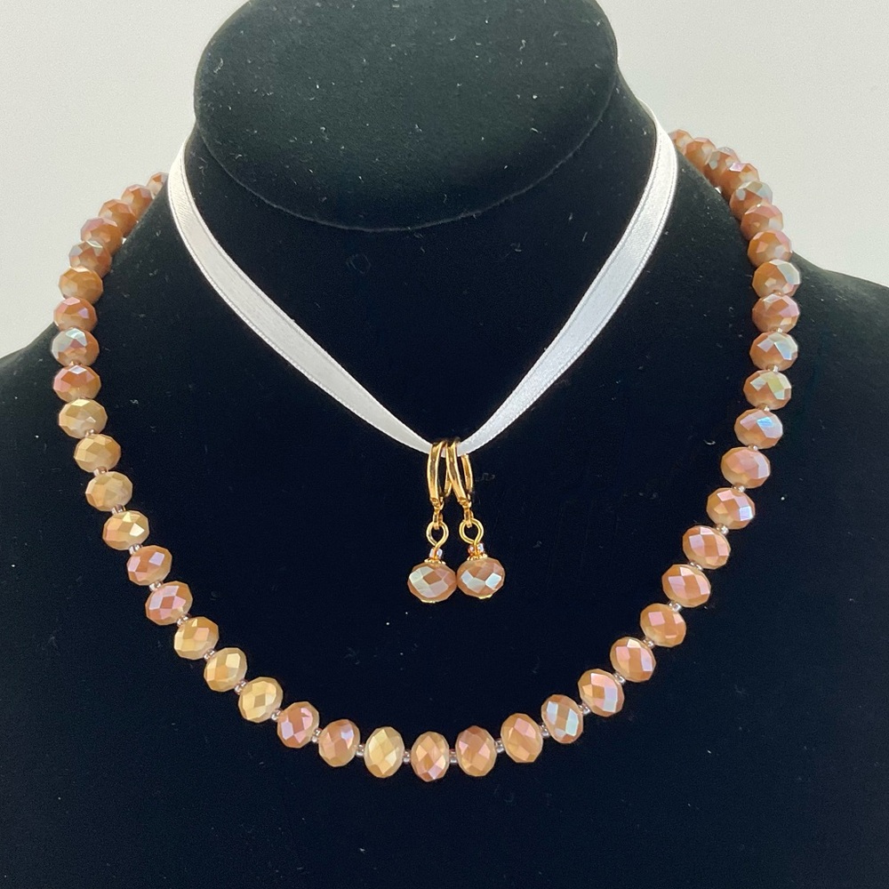 Mocha Mousse Golden Aura Beaded Necklace and Earring Set, Aura Effect, Handmade - Picture 5 of 9